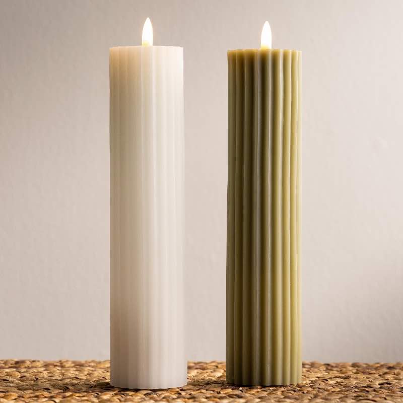 Indoor/ Outdoor Pillar LED Carved Waxed Candle, Tall - Cream